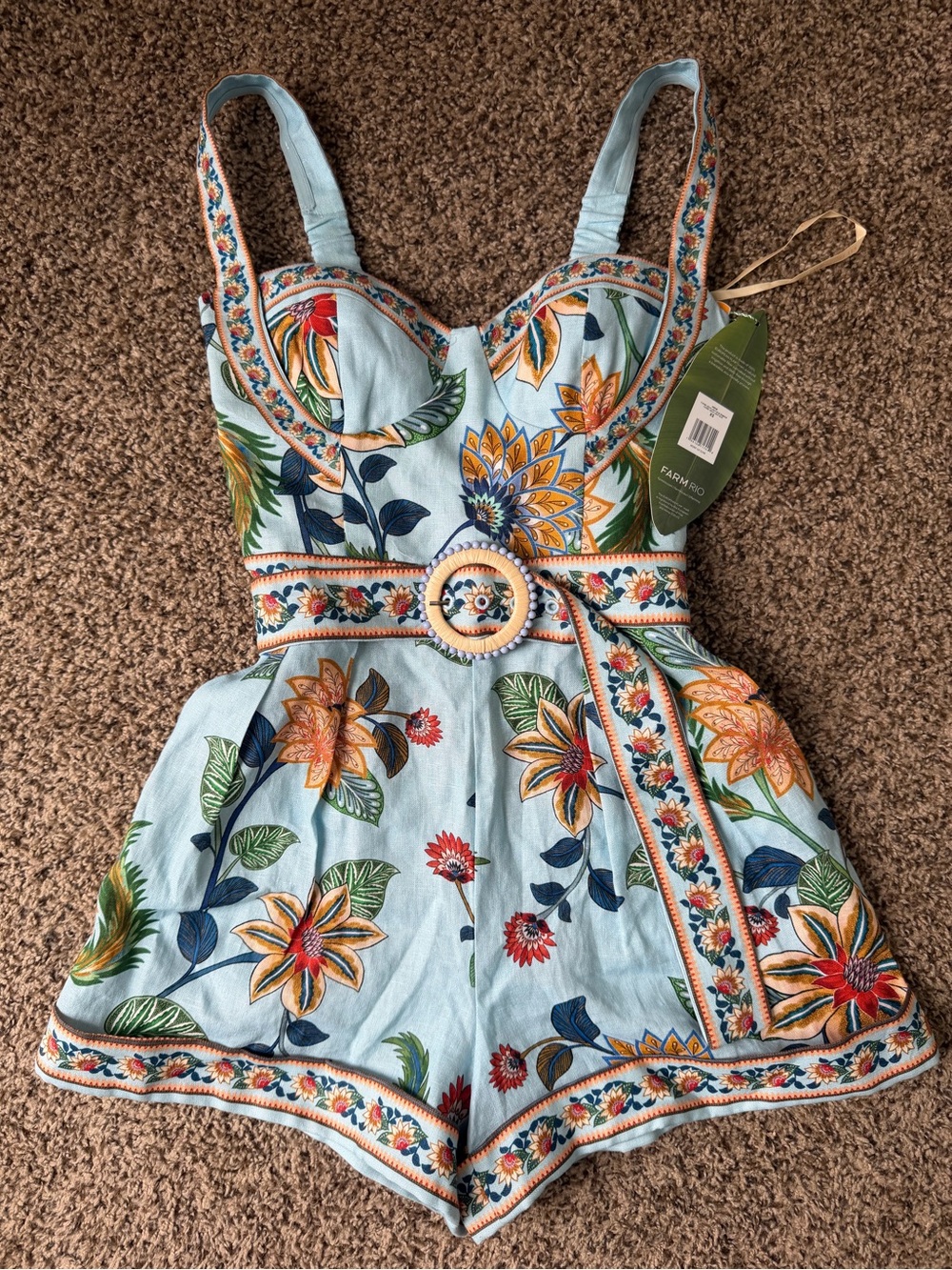 FARM Rio Light Blue Floral Embroidered Mini Romper NWT - Picture 2 of 4